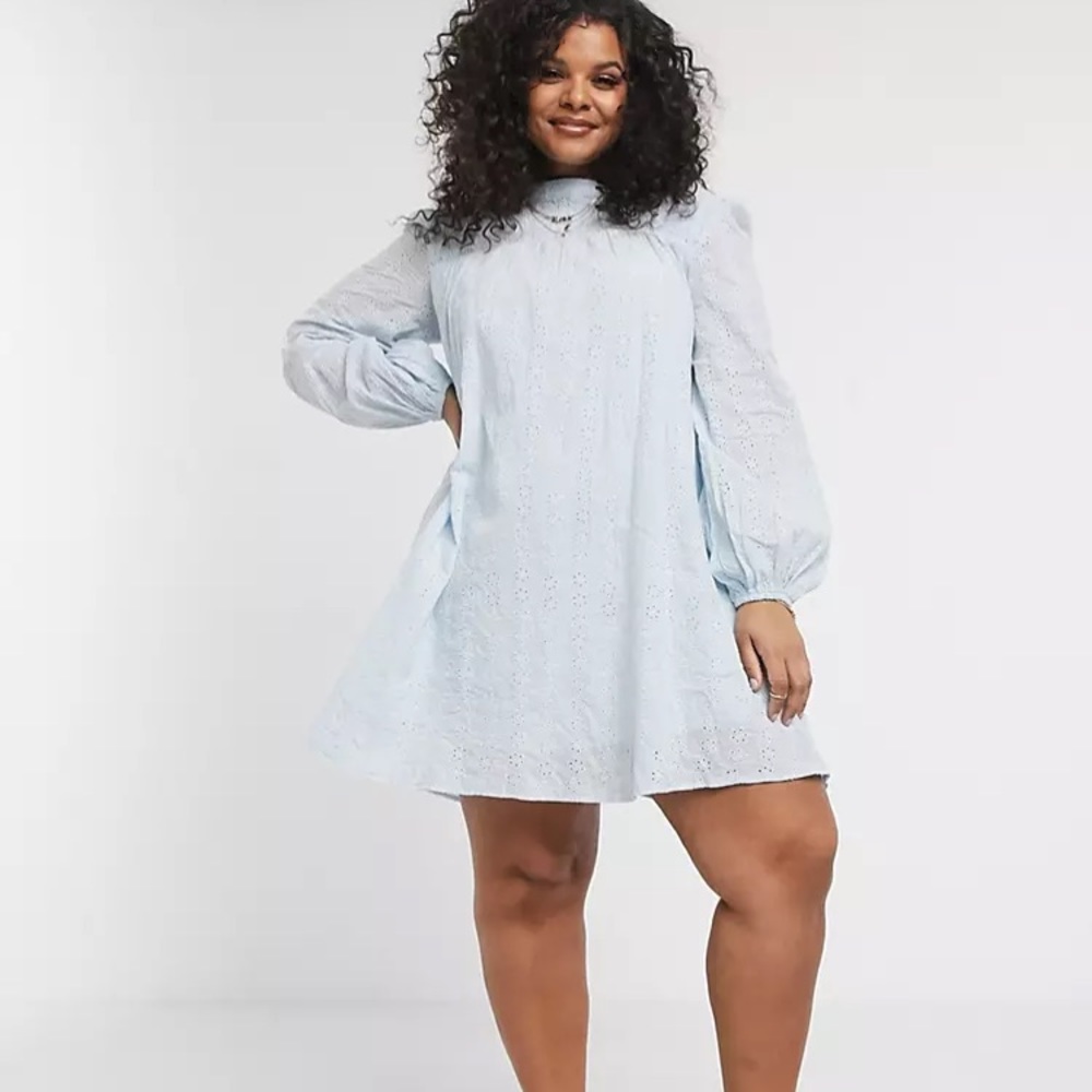Missguided Plus broderie smock dress in blue